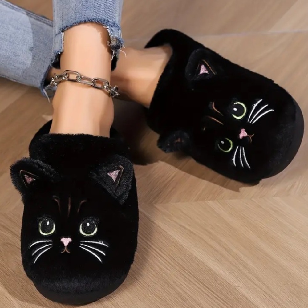 Soft Fuzzy Black Kitty Cat Slippers